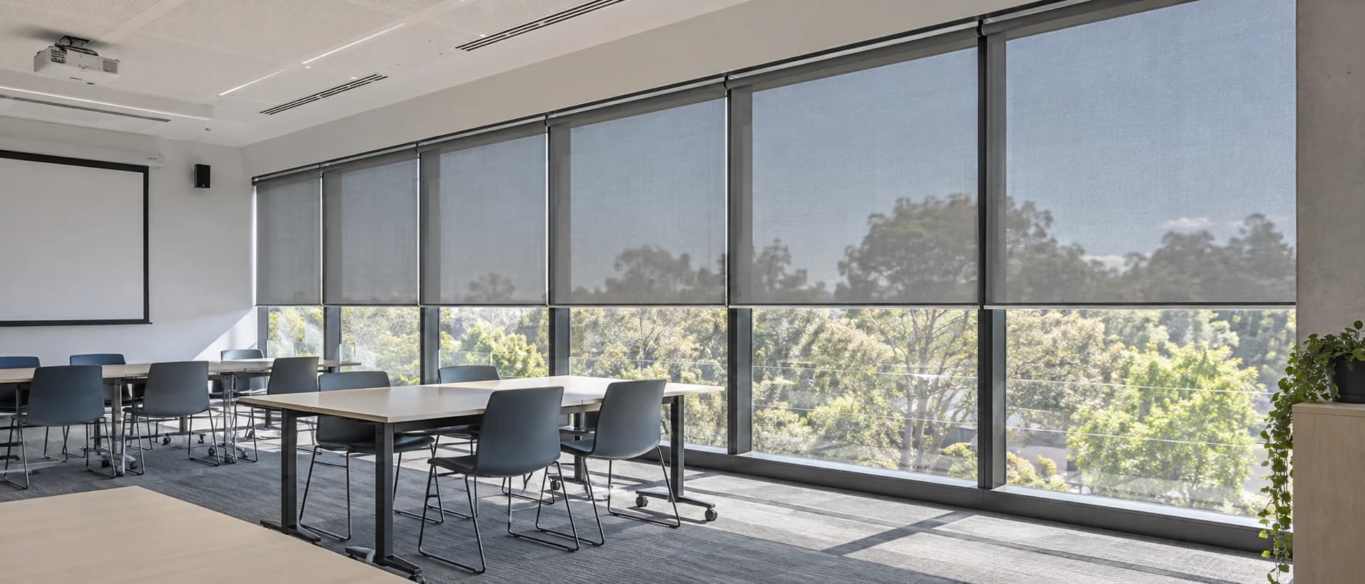 Shared learning room with sunscreen roller blinds controlling daylight and glare