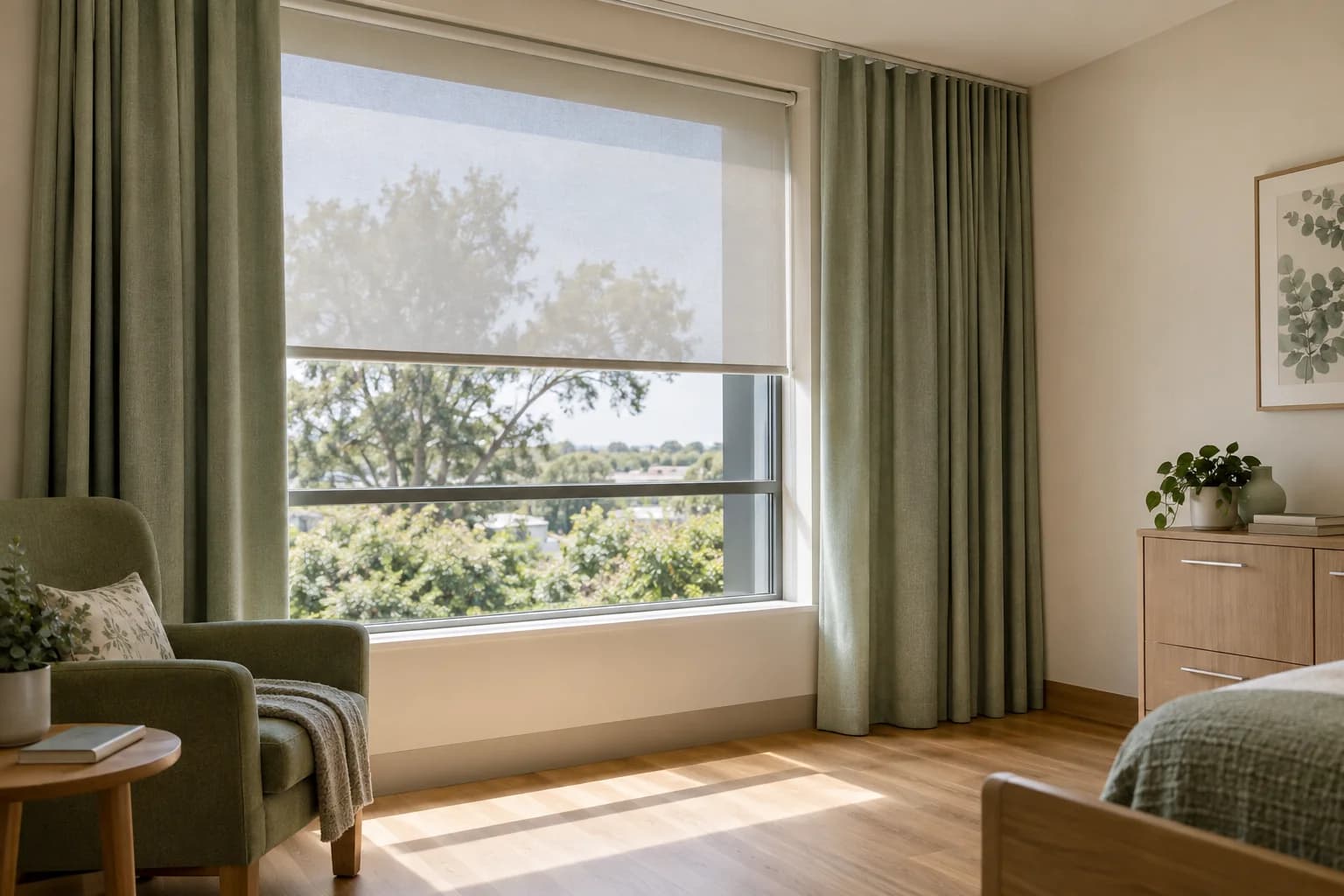 Calm aged-care interior with practical privacy curtains at the window