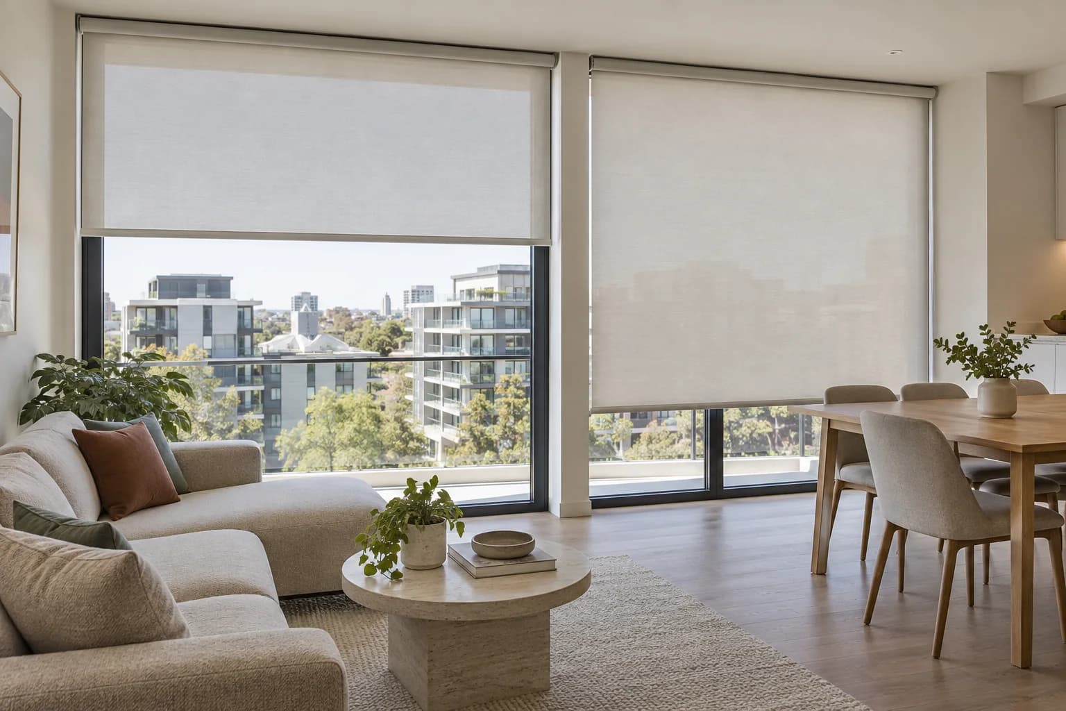 Contemporary apartment living space with repeated light-filtering roller blinds