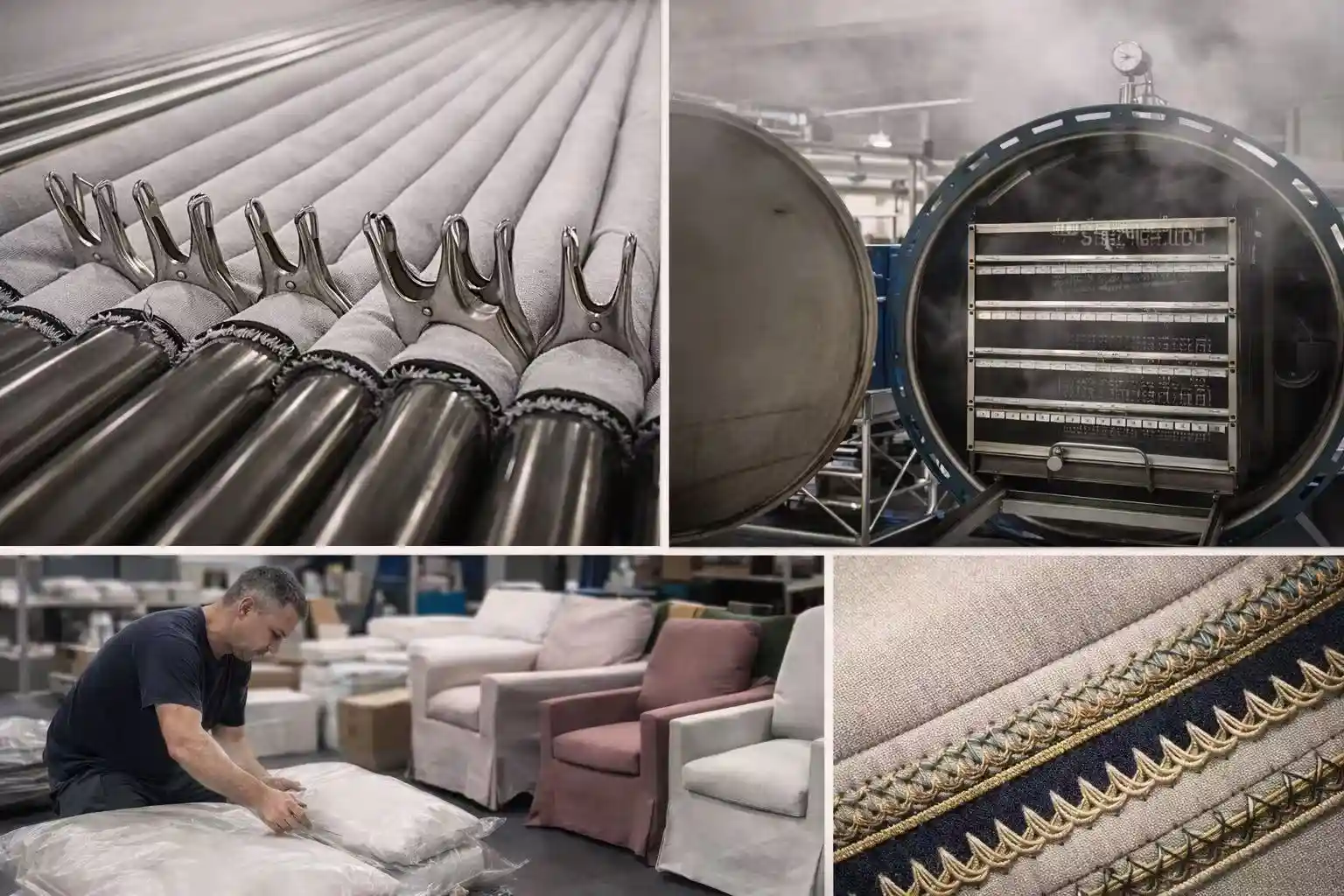 Curtain workroom showing fabric preparation, sewing and finishing processes