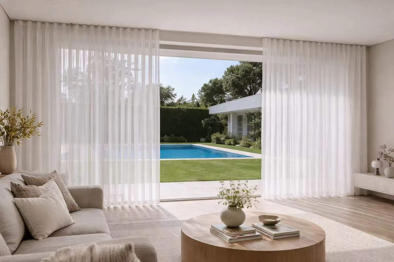 Floor-to-ceiling neutral S-fold curtains across wide contemporary glazing