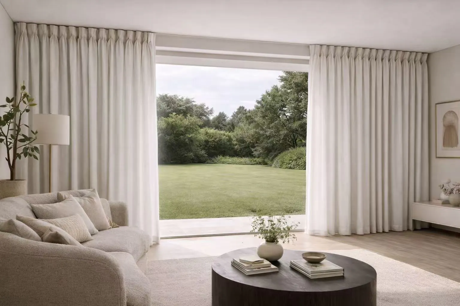Warm linen-look curtains within a restrained living room