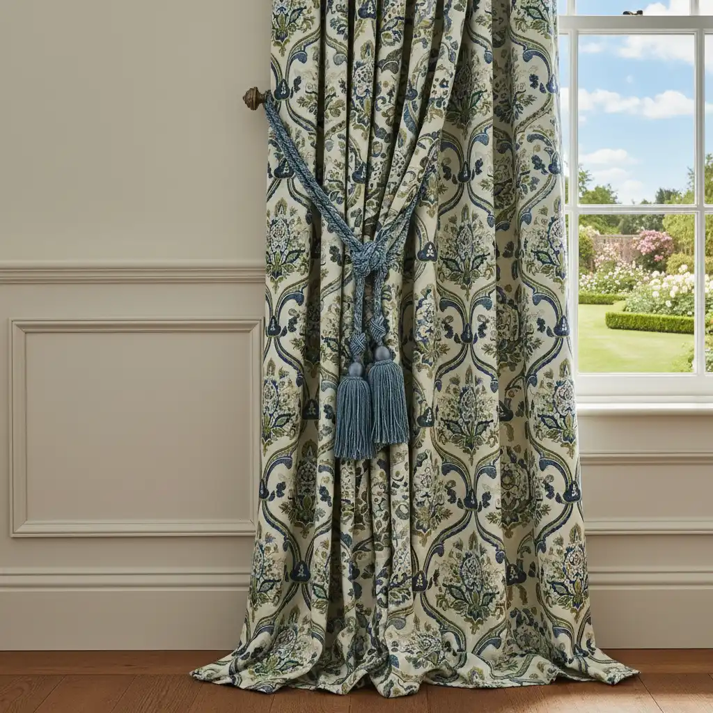 Patterned curtain fabric shown at full scale with a shaped tieback