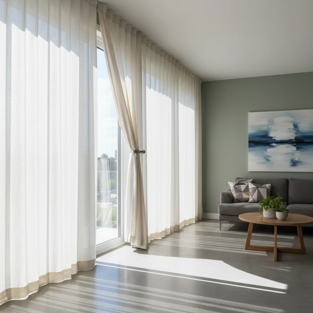 Evenly formed full-height S-fold sheers receiving strong side light