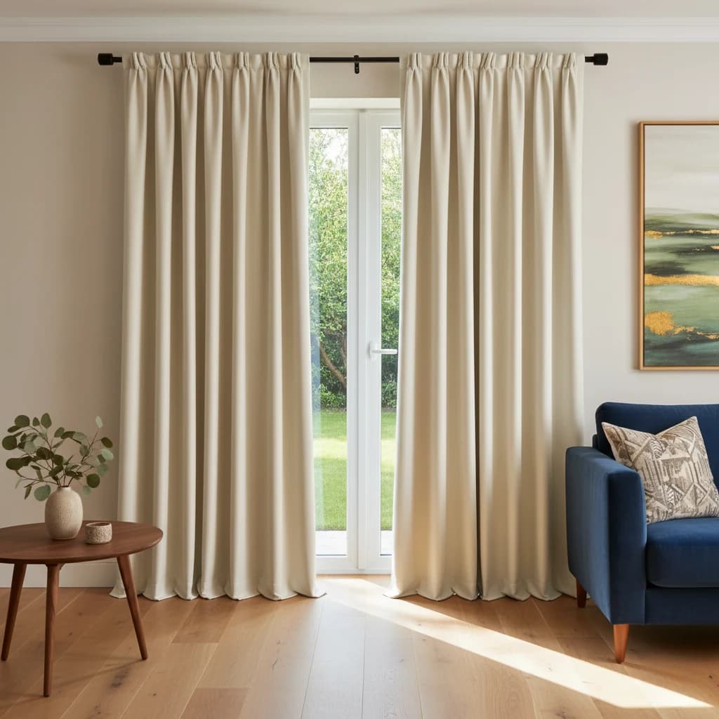 Full-height neutral curtains framing glazing in a restrained furnished living room