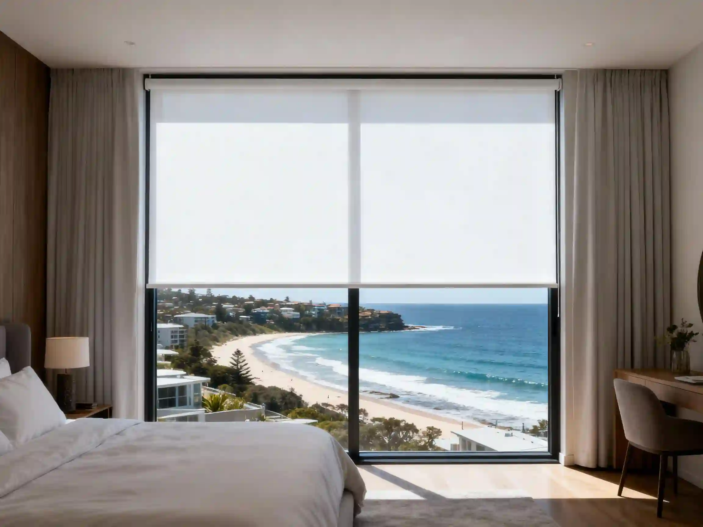 Bedroom with a lowered roller blind and full-length curtains at broad glazing