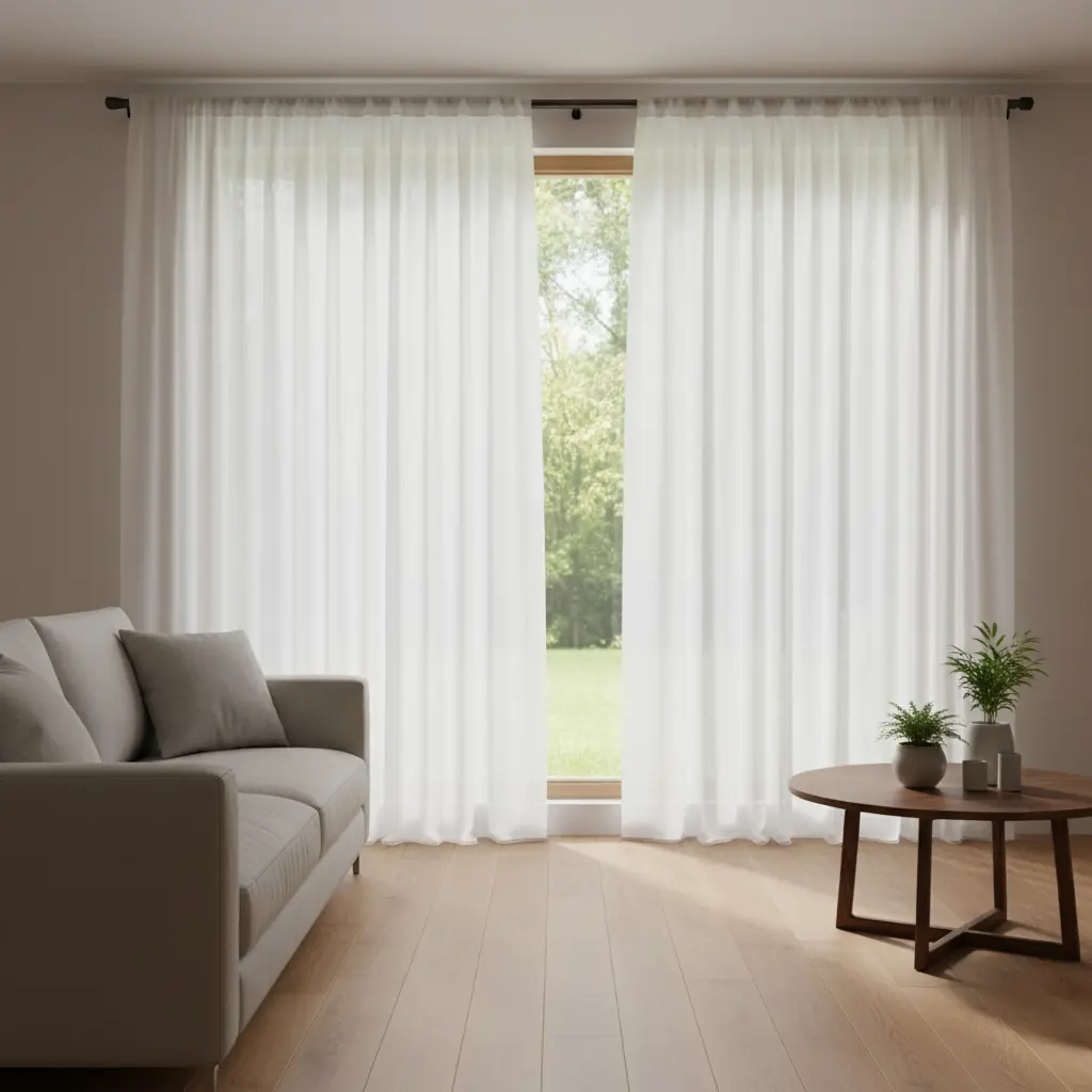Sheer curtains seen as part of a complete living room composition