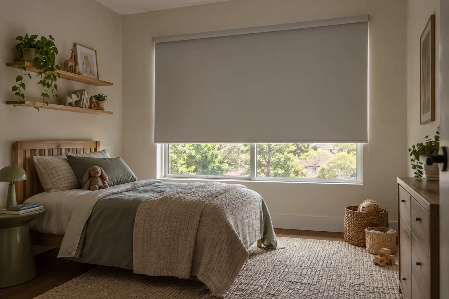 Child bedroom with a blockout roller blind lowered at the window