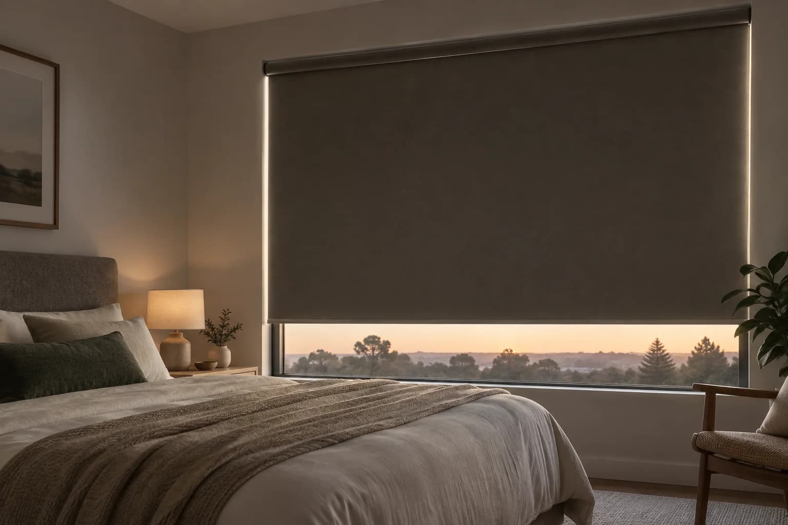 Blockout roller blind lowered in a calm bedroom at dawn