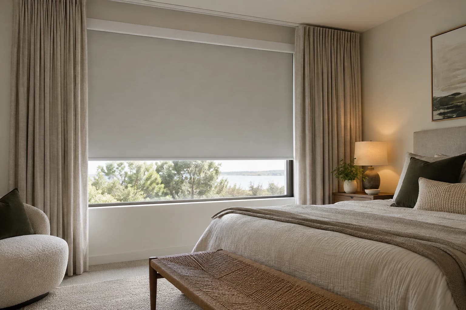 Blockout roller blind coordinated with parked side curtains