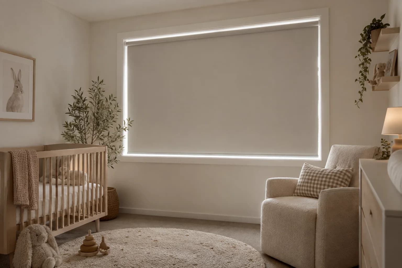 Cord-free blockout roller blind in a calm nursery