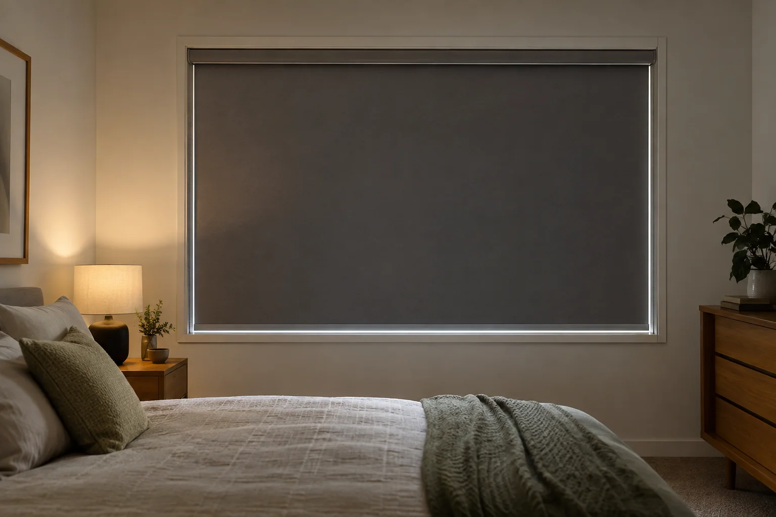 Blockout roller blind contained within slim side channels
