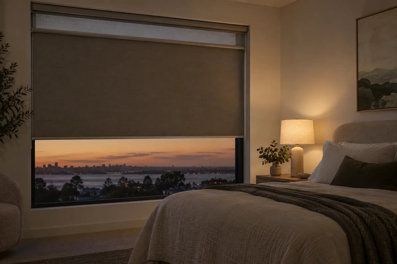 Blockout layer lowered for evening bedroom privacy