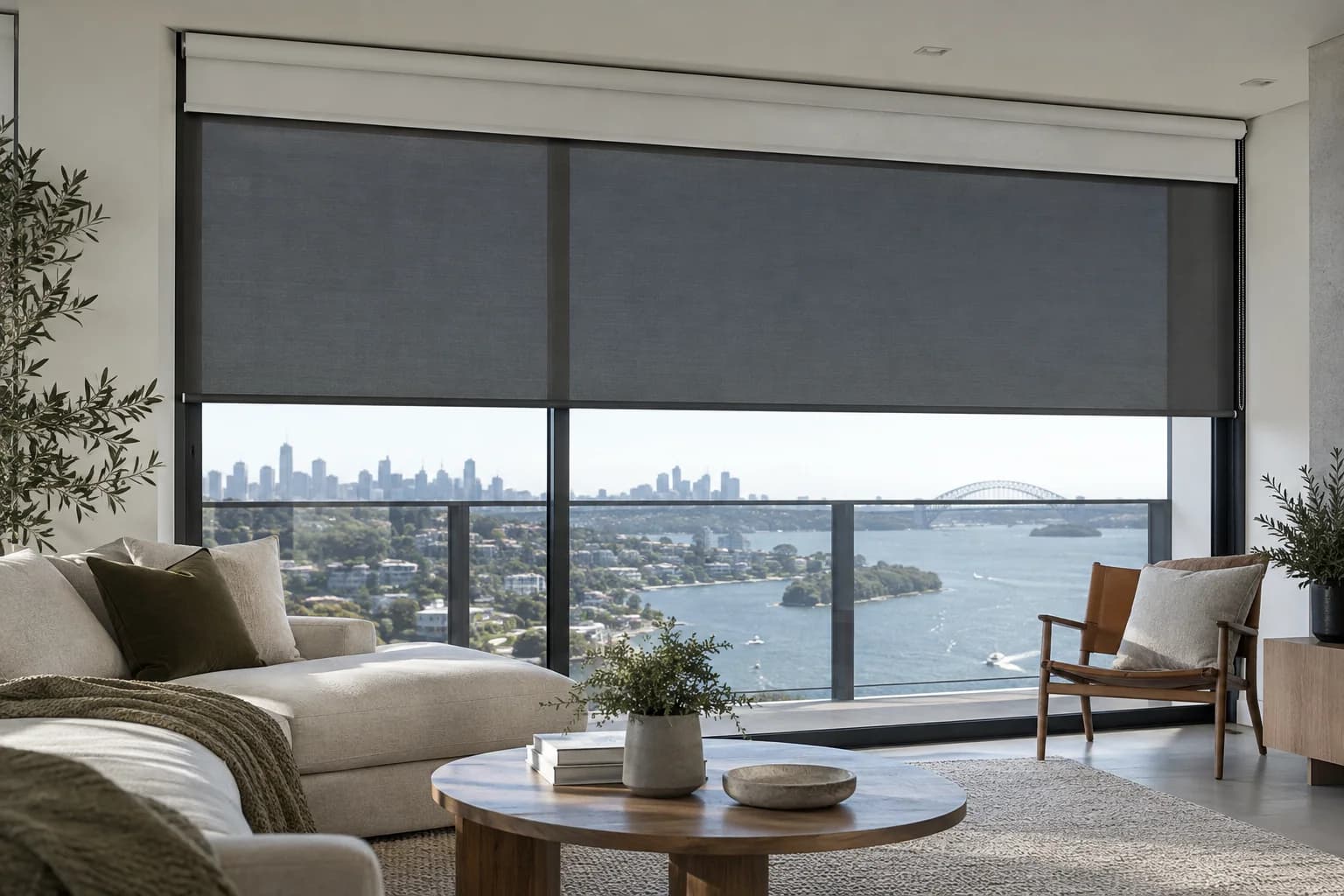 Integrated sunscreen and blockout roller blind system in a Sydney living room