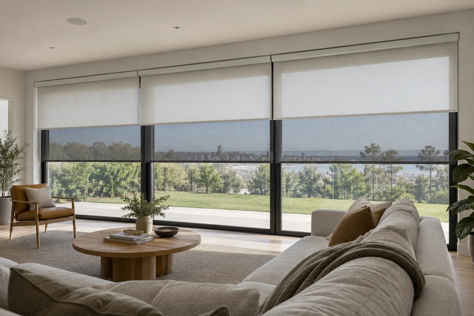 Motorised double roller sets aligned across wide glazing