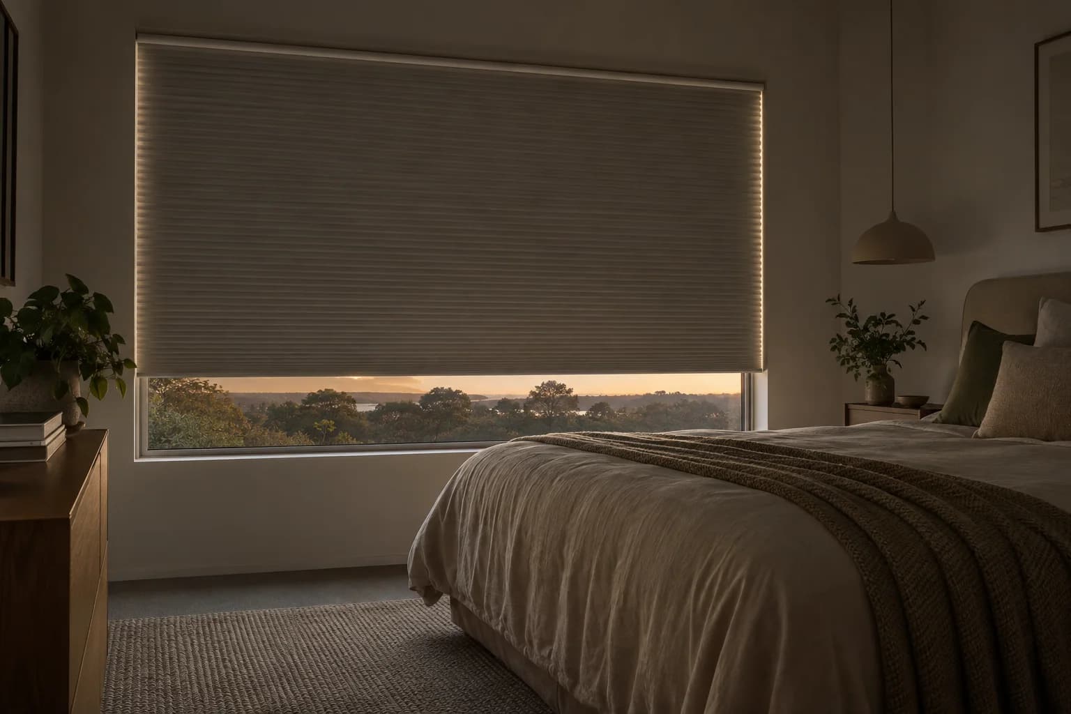 Room-darkening cellular blind with restrained perimeter glow