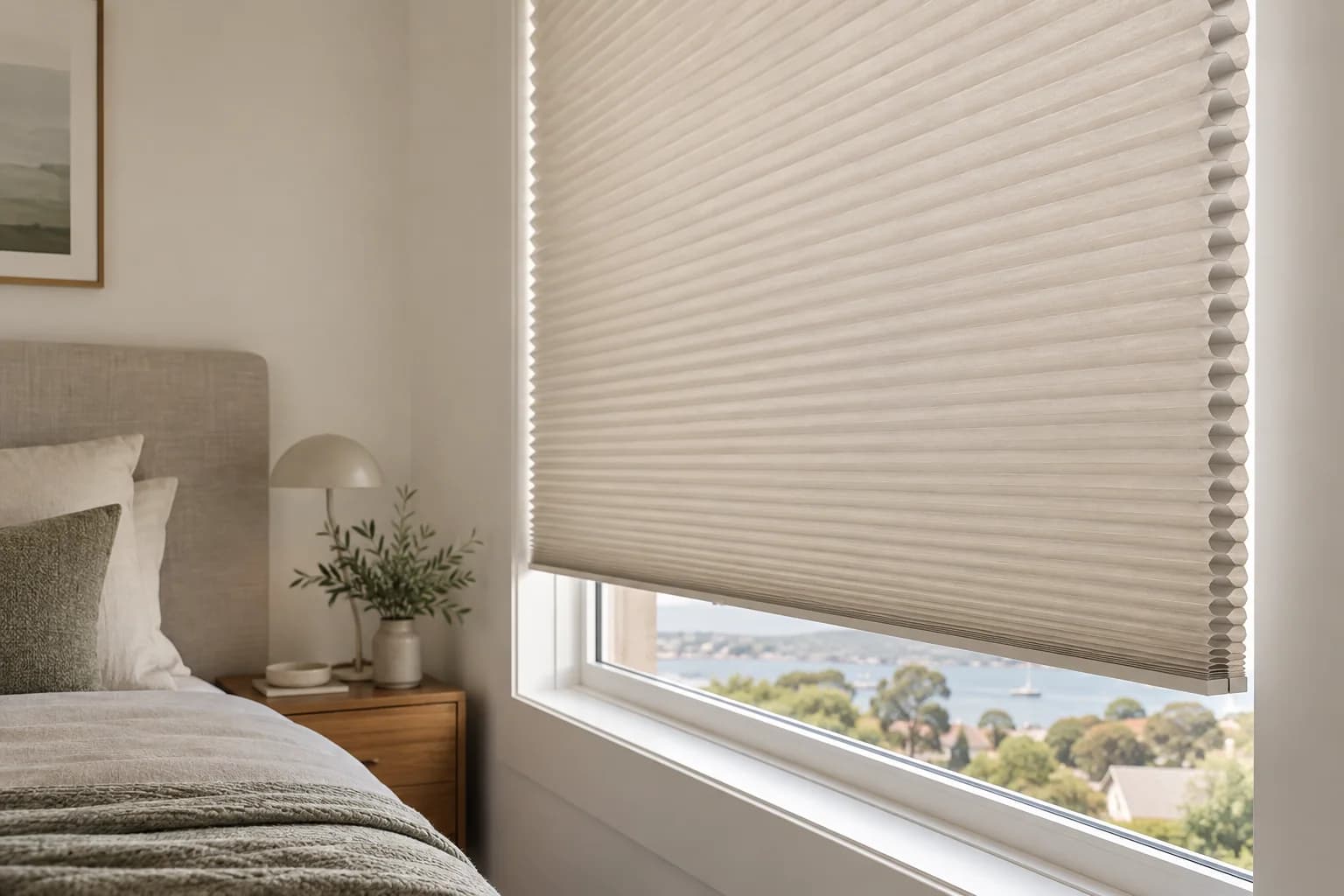 Oatmeal honeycomb blind filtering daylight in a Sydney bedroom