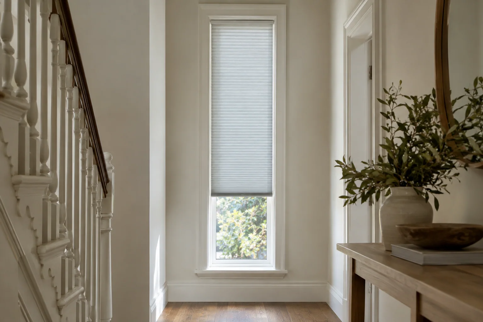 Honeycomb blind fitted precisely within a narrow tall recess