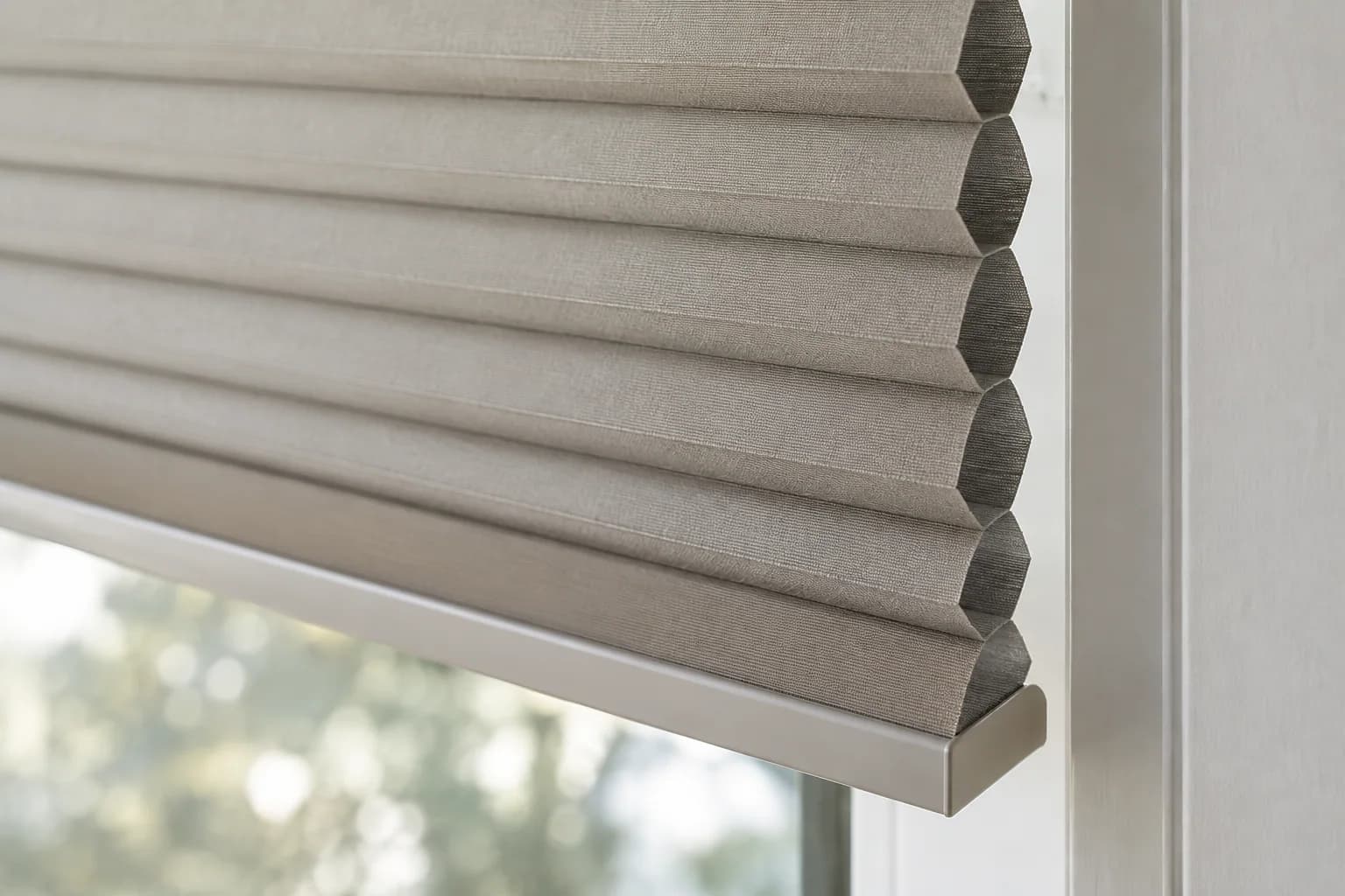 Close view of cellular pleats, side edge and bottom rail