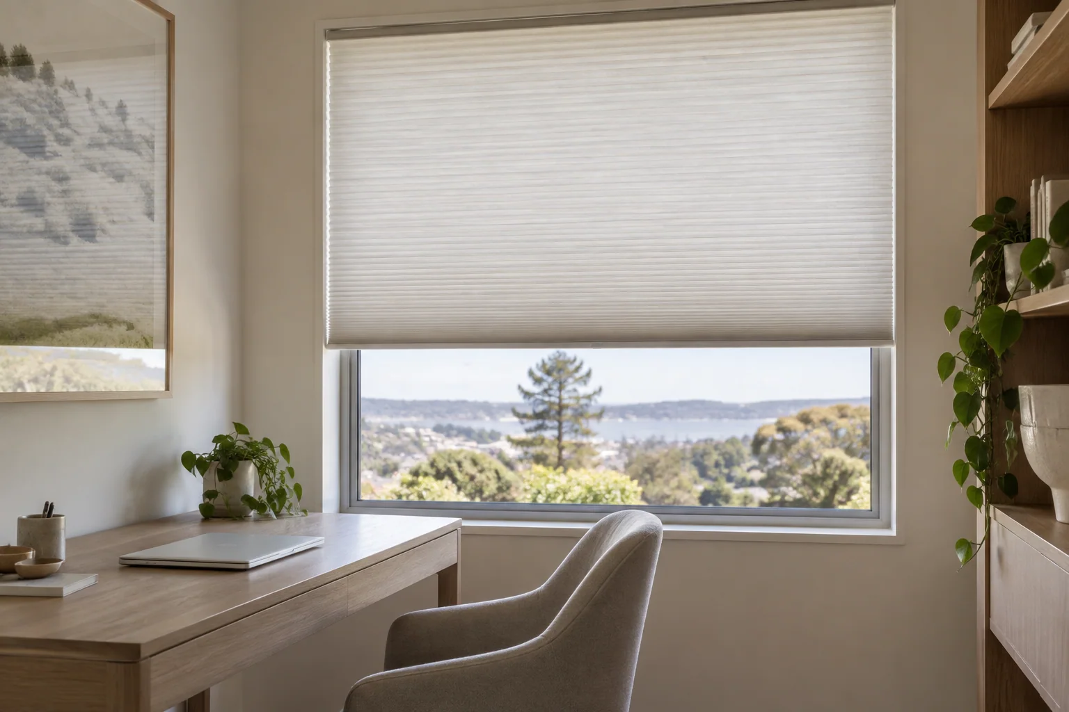 Light-filtering honeycomb blind controlling study-room glare