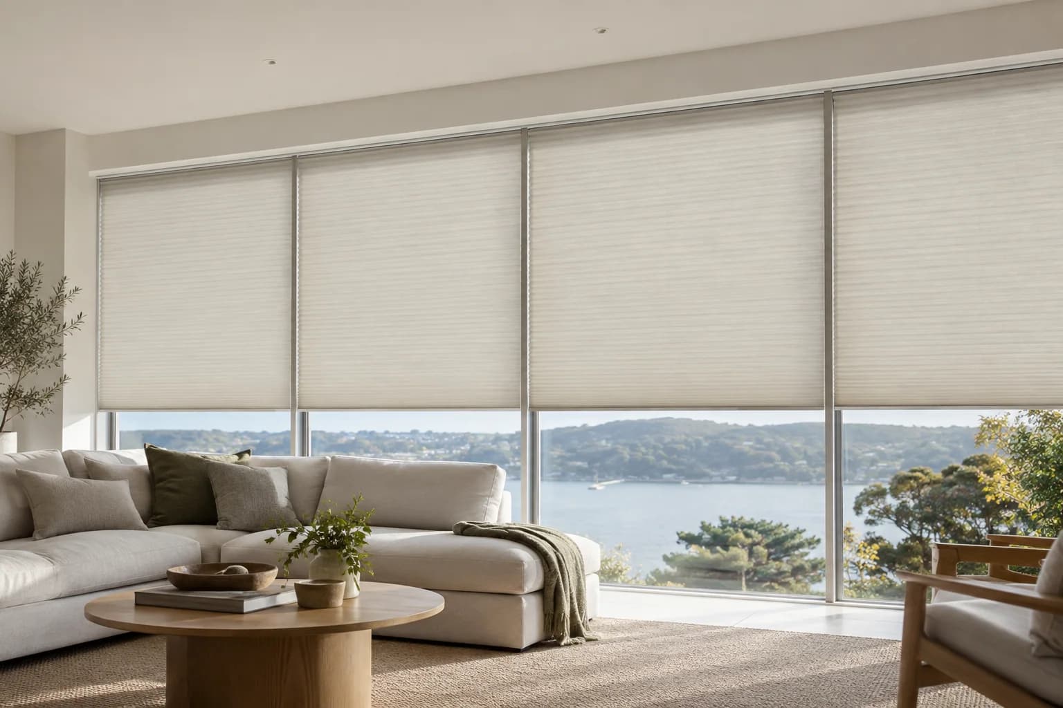 Multiple honeycomb blinds divided across broad glazing