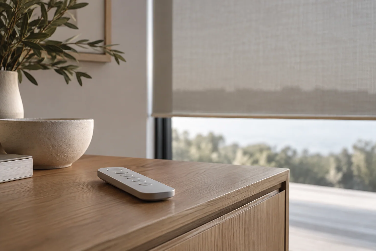 Unbranded multi-channel control beside an installed motorised blind
