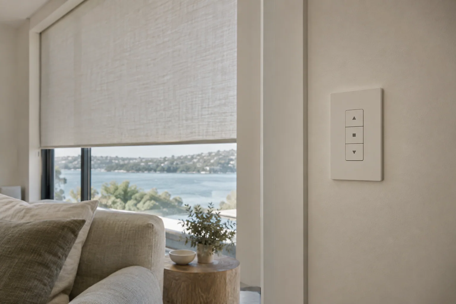 Minimal wall control positioned beside a motorised blind