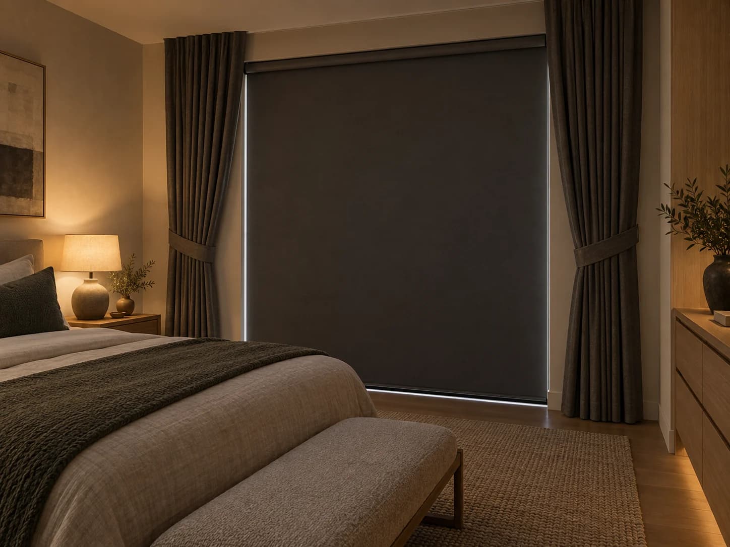 Full-height curtains framing a separately operated opaque room-darkening roller blind