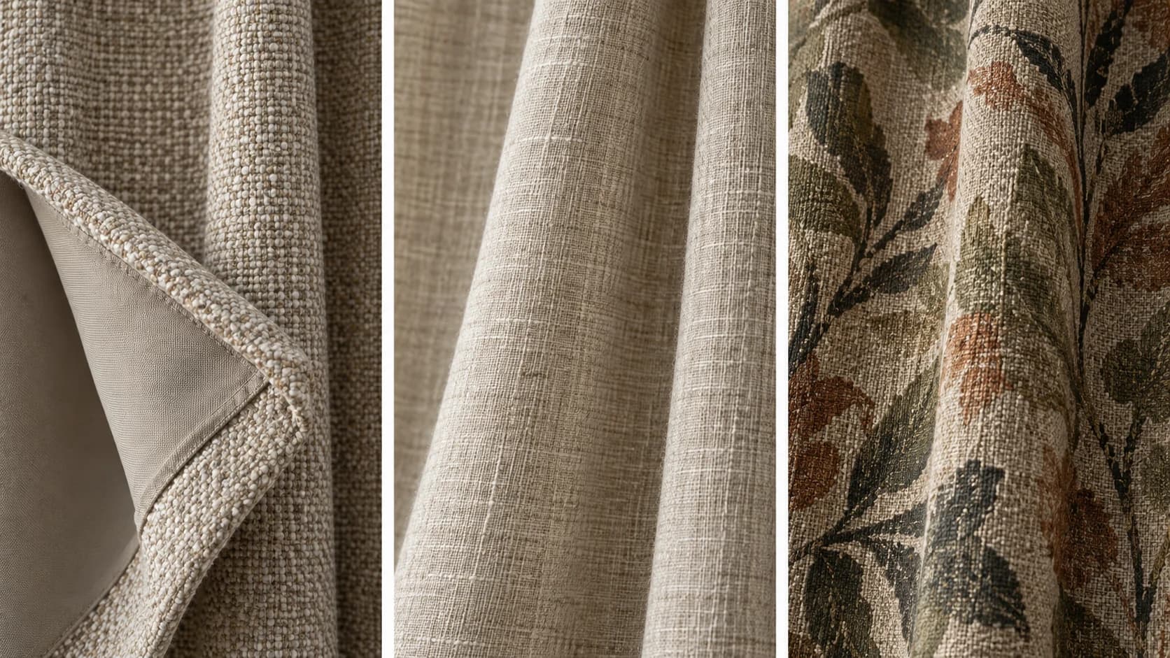Three close fabric studies showing a textured neutral with lining, soft linen-look and restrained decorative pattern