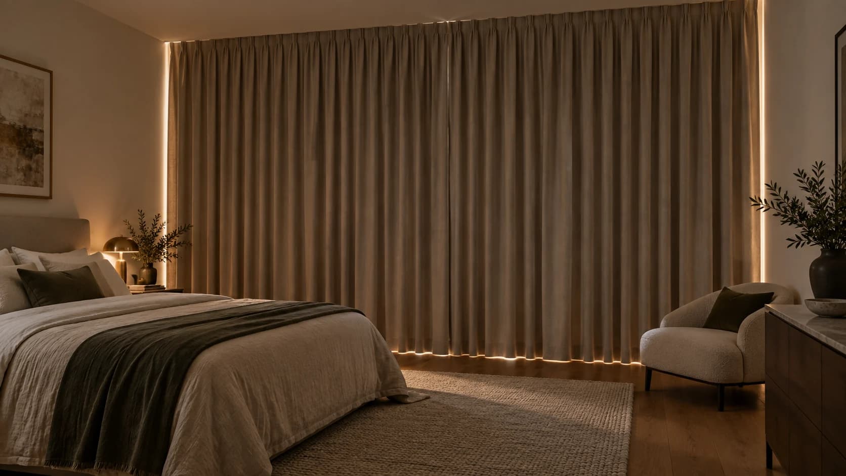 Full-height closed blockout curtains creating a calm, gently darkened bedroom