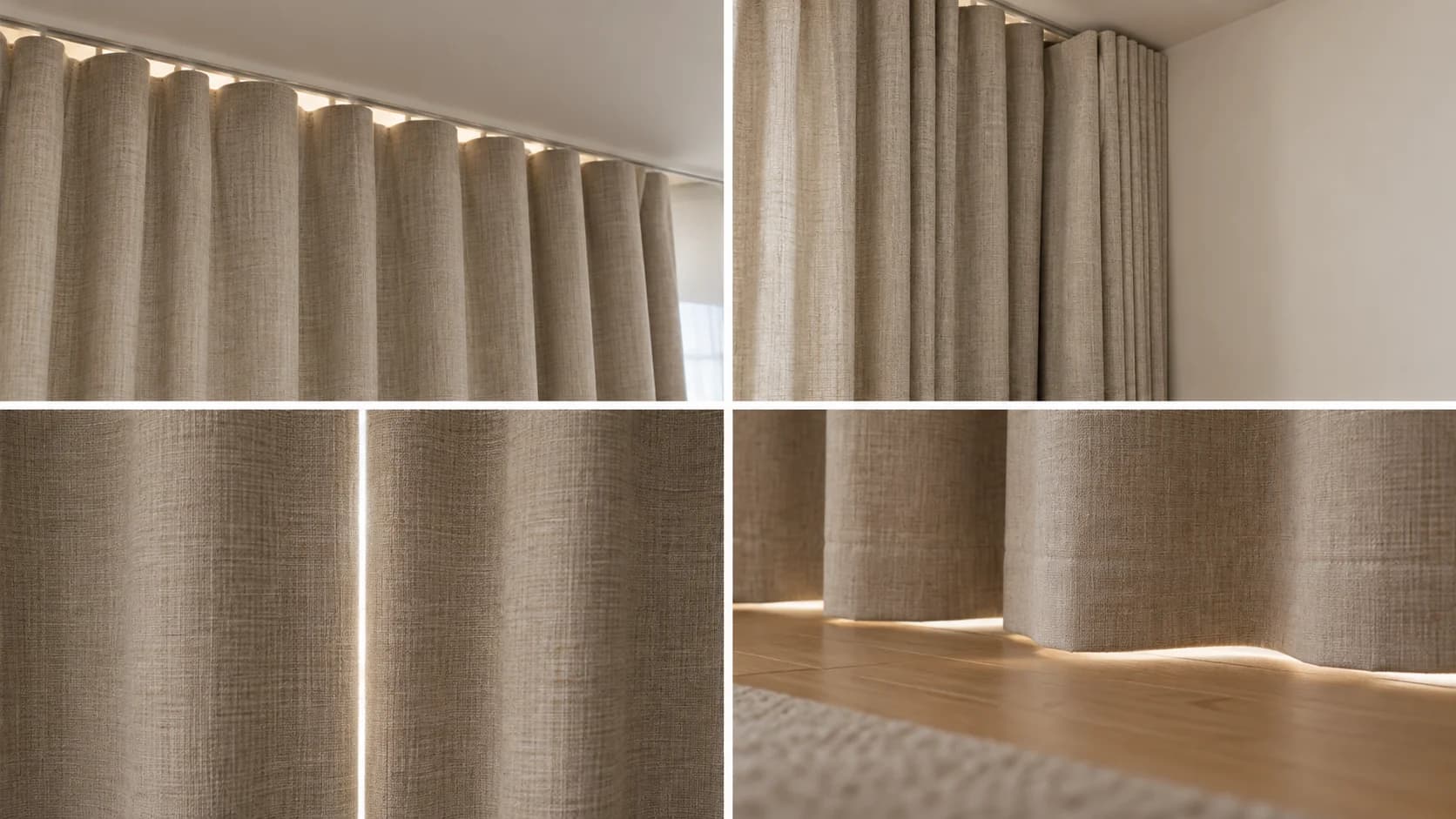 Four photographic details showing light at a curtain track, side return, centre meeting and floor