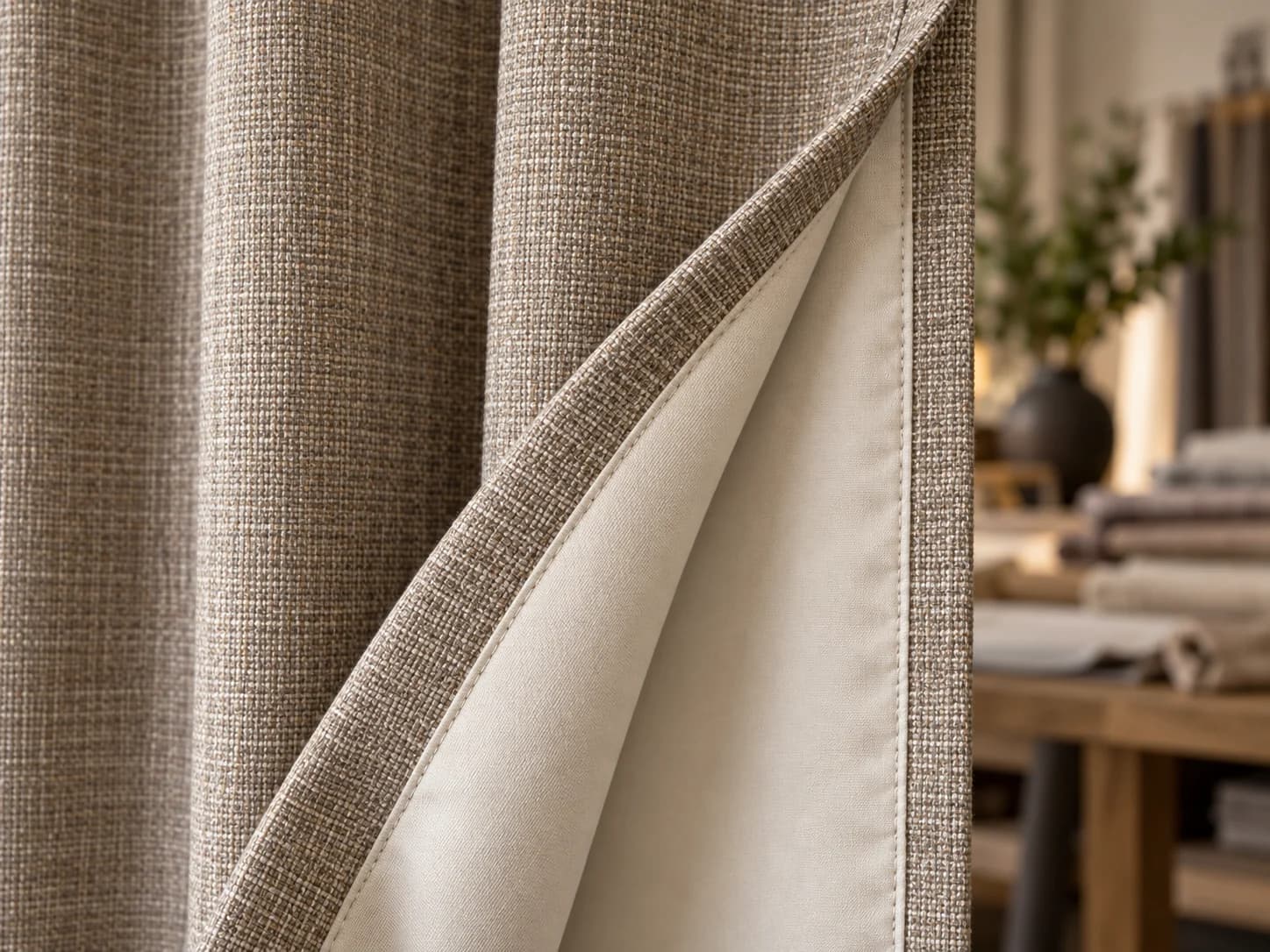 Turned edge of a textured decorative curtain revealing its separate blockout lining