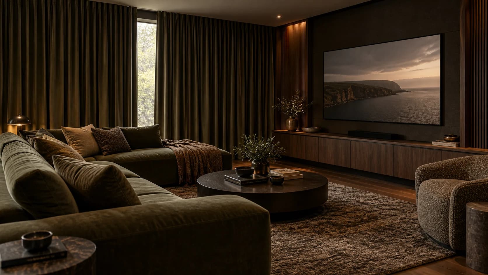 Warm dark media room with large heavy curtains, restrained screen and upholstered seating