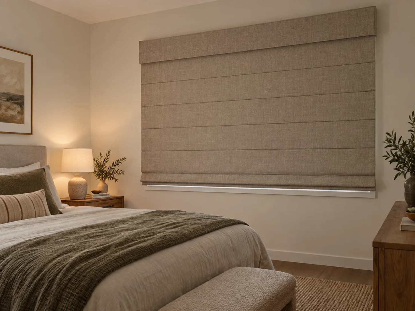 Tailored fabric Roman blind with correctly proportioned folds in a warm bedroom