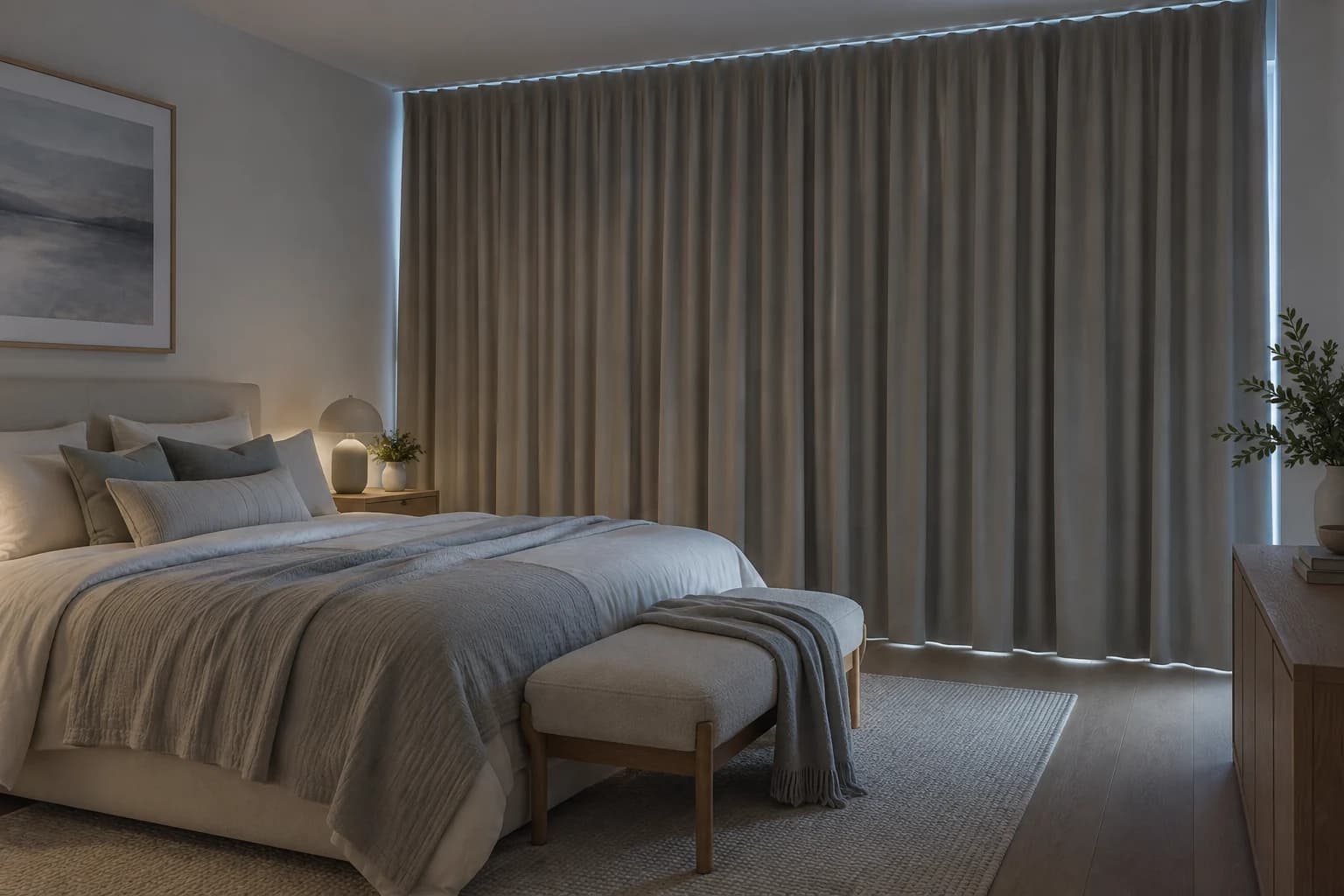 Peaceful bedroom with closed blue-grey blockout curtains and a subtle early-morning glow