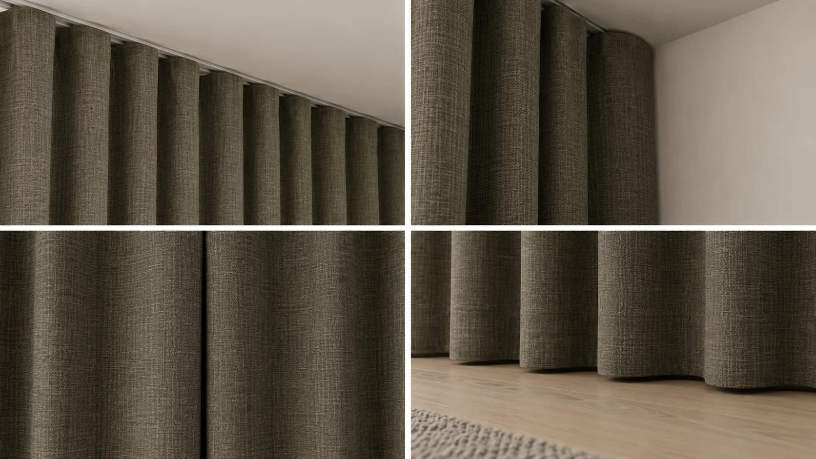 Four installation details showing the ceiling track, side return, centre overlap and finished floor clearance