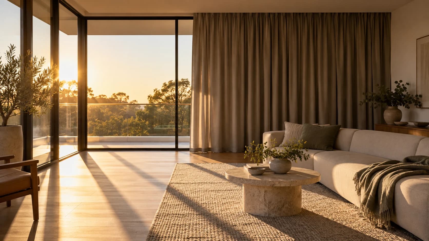 West-facing living room with strong afternoon light at exposed glass and softer light behind a blockout curtain