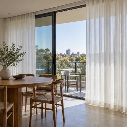 S-Fold sheers framing balcony doors in a timber-furnished apartment dining room