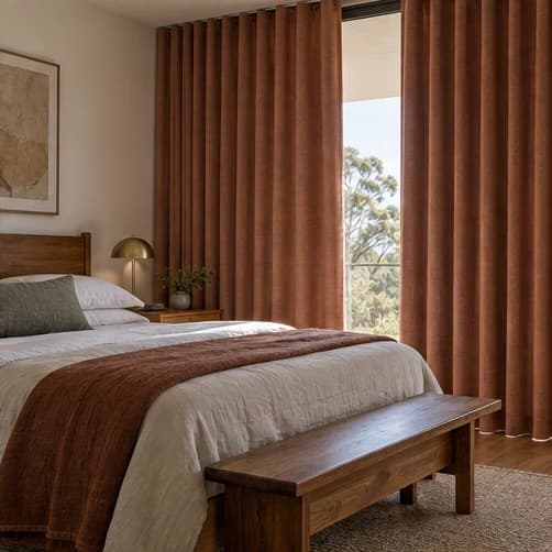 Muted terracotta lined S-Fold curtains softening a bedroom with timber furniture