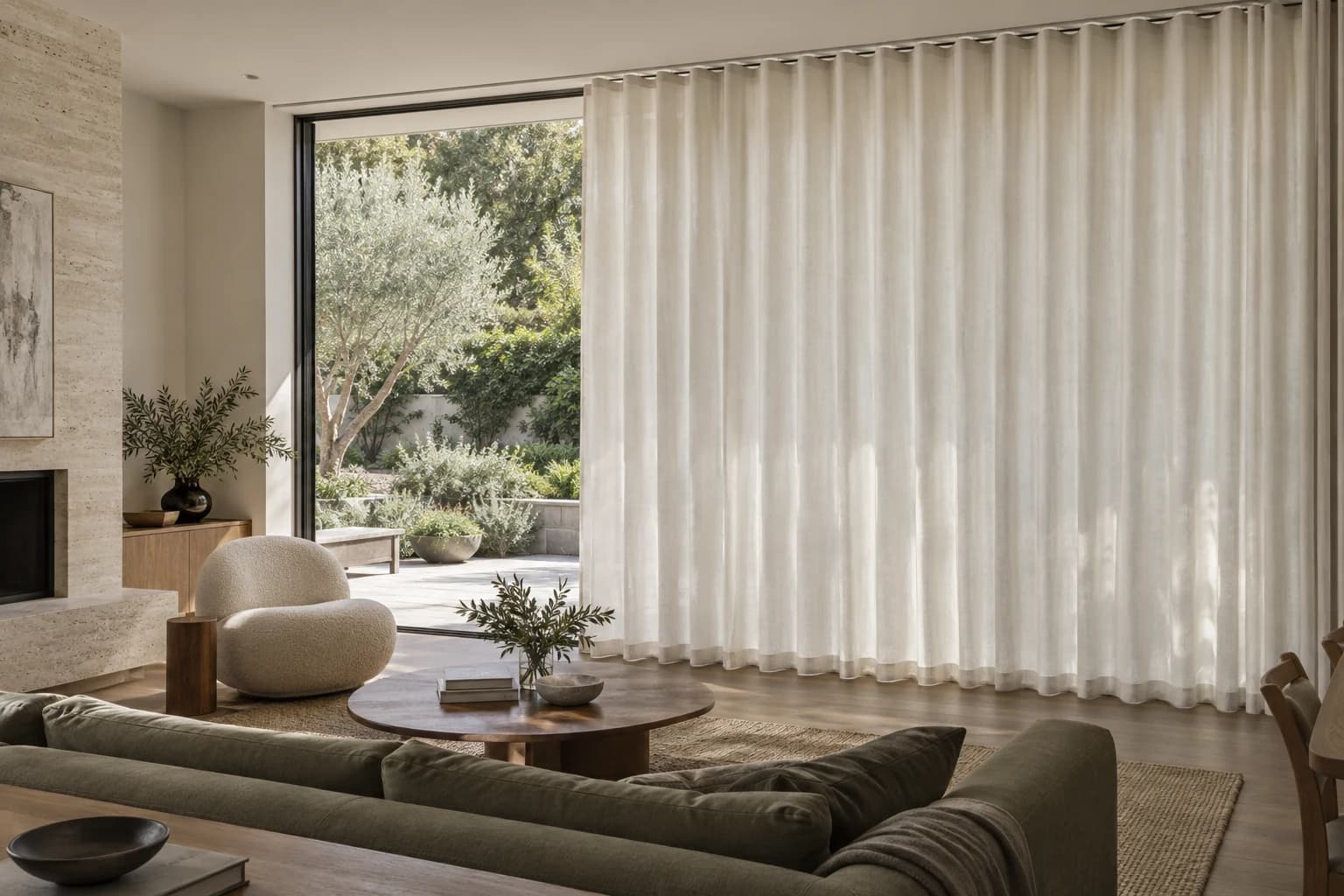 Full-height ivory S-Fold curtains with an even wave and recessed track in a garden-facing contemporary living room