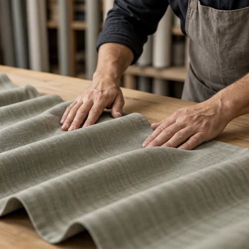 Illustrative workroom detail of hands supporting and arranging curtain fabric on a finishing table