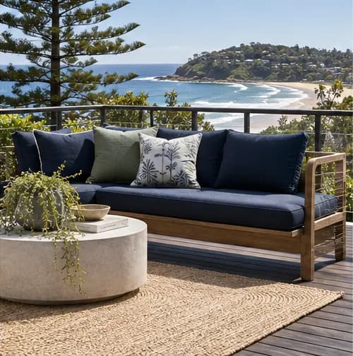 Complete outdoor furniture setting on a coastal terrace