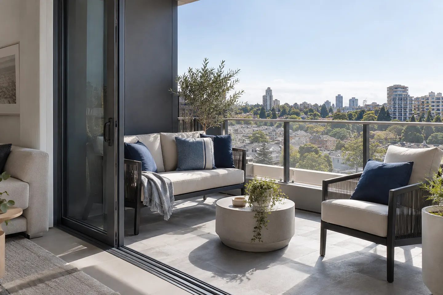 Compact Sydney balcony with tailored blue outdoor cushions