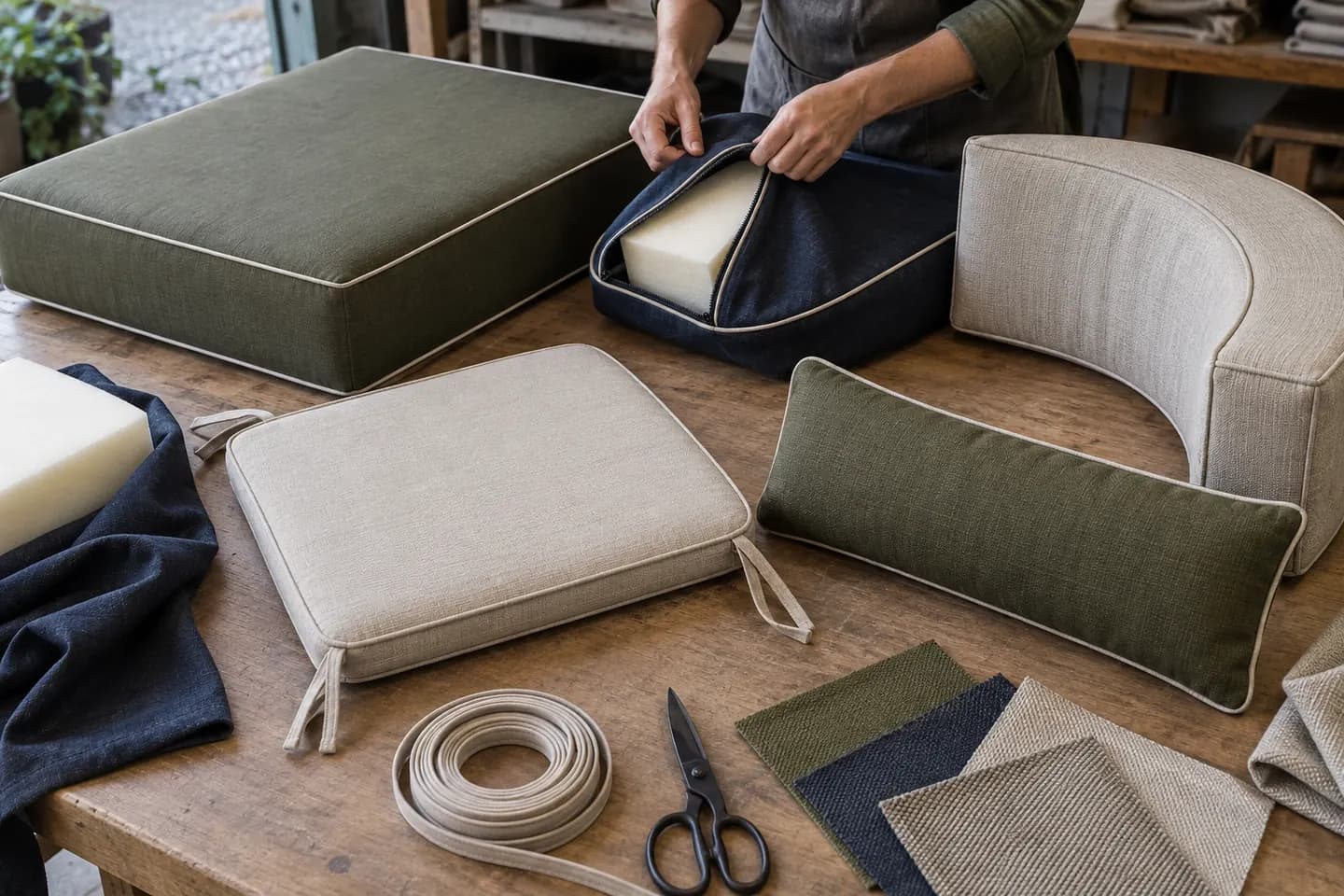 Outdoor cushion forms showing piping, zips and fitted construction