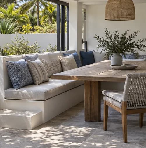 Covered alfresco dining banquette with mixed outdoor textiles
