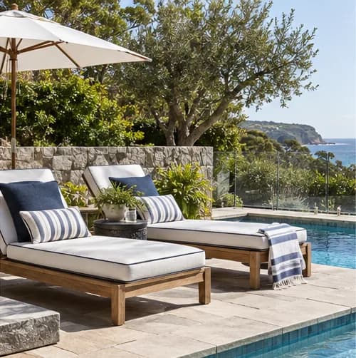 Residential poolside loungers with tailored outdoor cushions