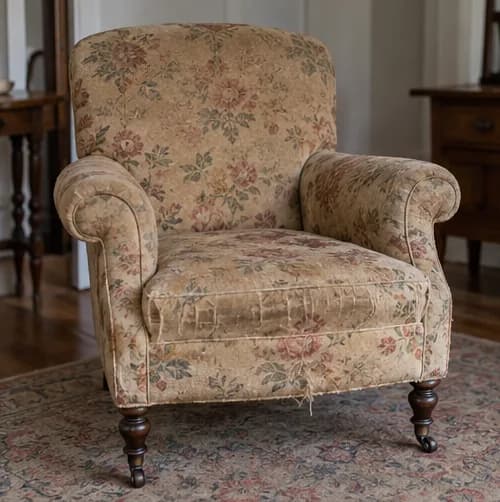 Well-proportioned armchair with worn floral upholstery before renewal