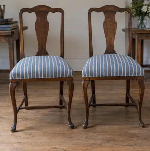 Pair of dining chairs re-covered in a tailored blue stripe