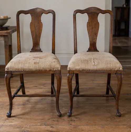 Pair of timber dining chairs with tired seat upholstery