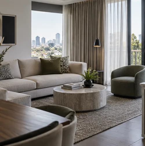 Apartment living area with repeatable upholstery and window furnishings